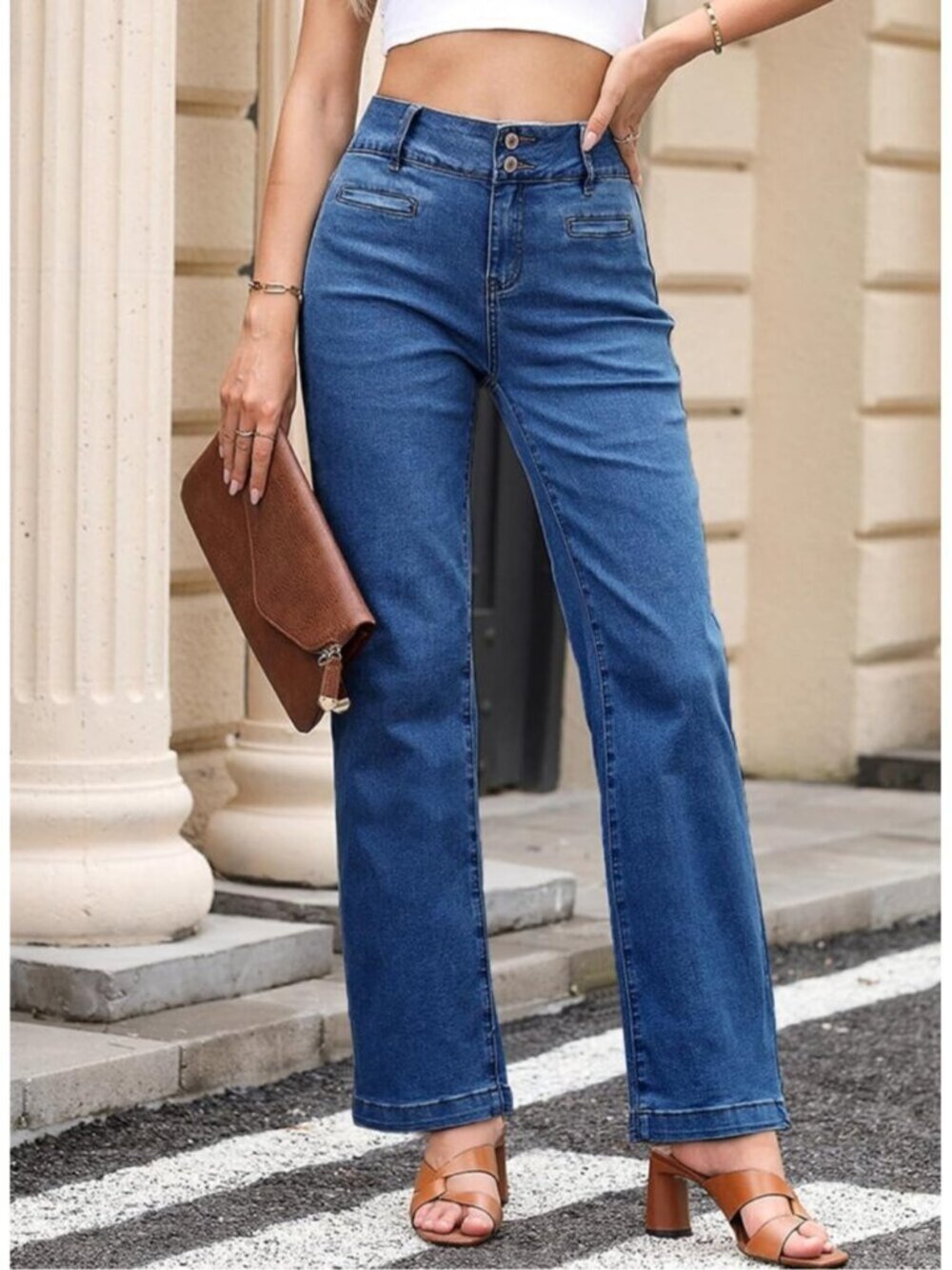 Women's Bluing High Waisted Straight Denim Pants Dual Button Leg Jeans - Picture 3 of 6